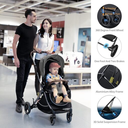Coballe Baby Stroller Pram for Infant & Toddler, Foldable Aluminum Alloy Pushchair with Adjustable Backrest, 3D Suspension (Grey) - Image 6