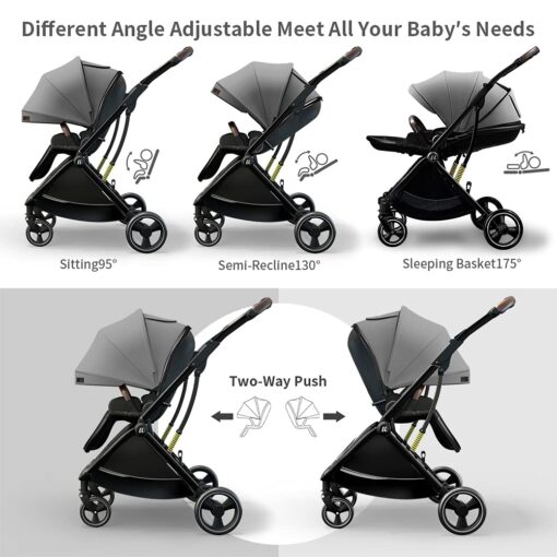 Coballe Baby Stroller Pram for Infant & Toddler, Foldable Aluminum Alloy Pushchair with Adjustable Backrest, 3D Suspension (Grey) - Image 3