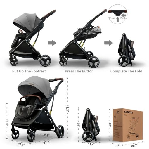 Coballe Baby Stroller Pram for Infant & Toddler, Foldable Aluminum Alloy Pushchair with Adjustable Backrest, 3D Suspension (Grey) - Image 2