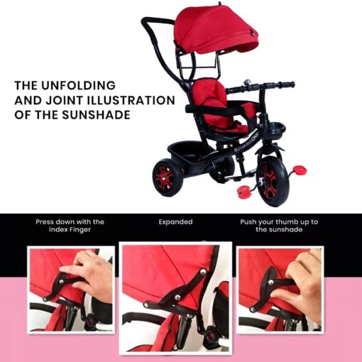 StarAndDaisy 4 in 1 Classy Baby Tricycle for Kids with Canopy with Dual Storage Basket & Ultra Soft Cushion Seat with Seat Belt, Foot Rest, Parental Control Handle, Baby Trike For Boys Girls of 1.5 to 5 Years (Red) - Image 11