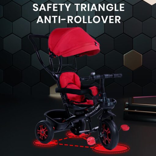 StarAndDaisy 4 in 1 Classy Baby Tricycle for Kids with Canopy with Dual Storage Basket & Ultra Soft Cushion Seat with Seat Belt, Foot Rest, Parental Control Handle, Baby Trike For Boys Girls of 1.5 to 5 Years (Red) - Image 5
