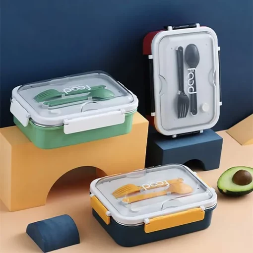 School Kids Meal Lunch Box- Leak Proof Design with Separate compartments with Eating Cutlery Set (Red) - Image 3