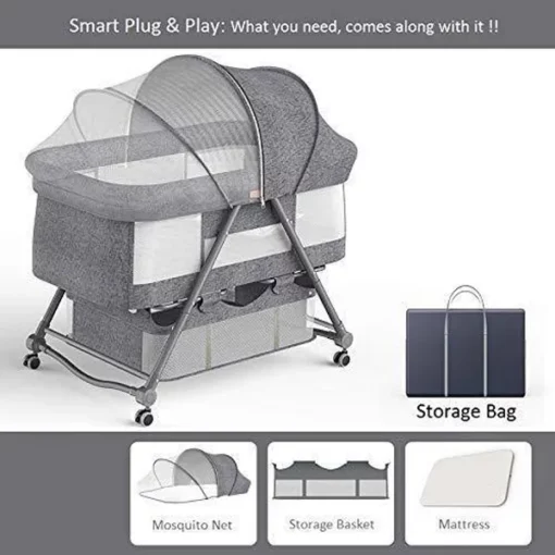 StarAndDaisy D01 Manual Baby cot Crib Newborn Baby Bassinet with Cradle, Wheel, Mosquito net and Bedding Set (Green) - Image 2