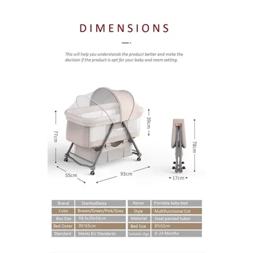 StarAndDaisy D01 Manual Baby cot Crib Newborn Baby Bassinet with Cradle, Wheel, Mosquito net and Bedding Set (Green) - Image 3