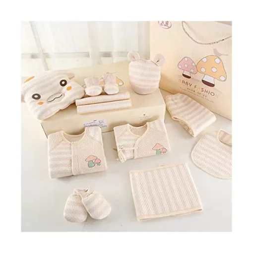 New Born Baby Welcome Clothes Giftset Made with 100% Cotton and Wool, Rompers, Pillow, Mittens, Cap, Top, Bottom, All Seasons 0 to 6 Months (2015 13 Pcs Brown) - Image 2