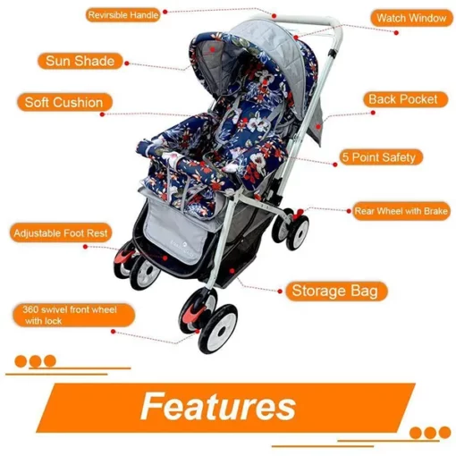 StarAndDaisy Durable Sunshine Stroller Pram for Baby/Kids (Blue Floral) - Image 3