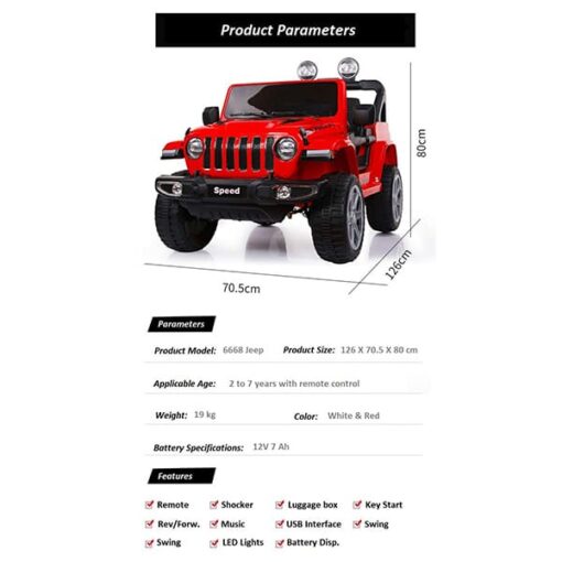 Kids Ride on Jeep Style for Kids from 1.5-6 Years of Age, Remote Control, Dual Drive, Music & Lights for All-Terrain (Red) - Image 3
