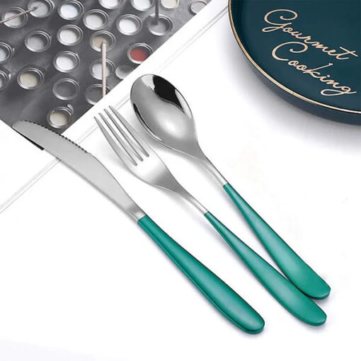 SND Homes Delicacy Cutlery for Fine Dining, Made of SUS 304 Glossy Silver Finish Spoon/ Forks/ Knives (Set of 6 Silver Green Fork) - Image 2