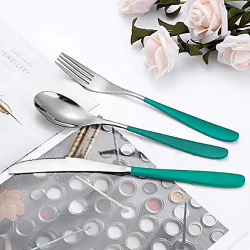 SND Homes Delicacy Cutlery for Fine Dining, Made of SUS 304 Glossy Silver Finish Spoon/ Forks/ Knives (Set of 6 Silver Green Fork) - Image 3