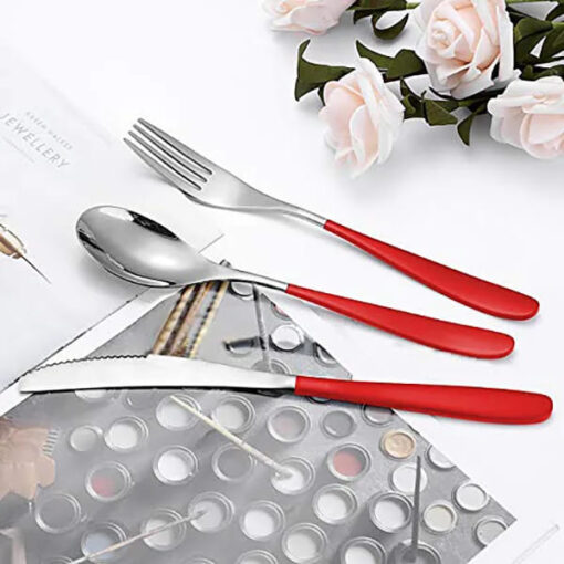 SND Homes Delicacy Cutlery for Fine Dining, Made of SUS 304 Glossy Silver Finish Spoon/ Forks/ Knives (Set of 6 Silver Red Fork) - Image 2