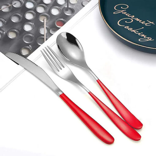 SND Homes Delicacy Cutlery for Fine Dining, Made of SUS 304 Glossy Silver Finish Spoon/ Forks/ Knives (Set of 6 Silver Red Fork) - Image 3
