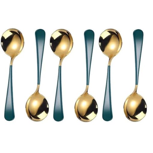 SND Homes Efficacy Fine Dining Cutlery, Made of SUS 304, Spoon / Forks/ Knives (Set of 6 Gold Green Multi-Utility Spoon)