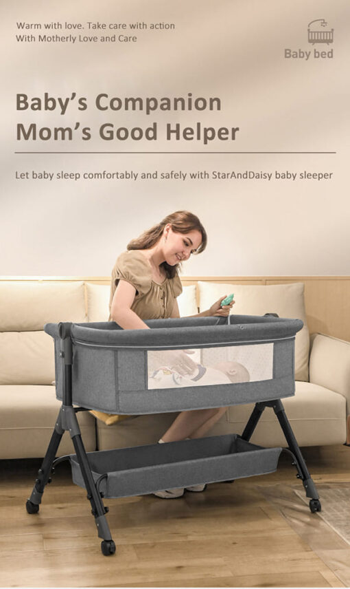 [Refurbished] StarAndDaisy 3 in 1 Baby Crib Cradle for baby/infants with Height Adjustments, Breathable Net, Adjustable Portable Crib for Infant/Baby with Detachable Mosquito net, Storage Basket, – (Basic) Grey - Image 3