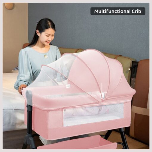 StarAndDaisy 3 in 1 Baby Crib Cradle for baby/infants with Height Adjustments Breathable Net, Adjustable Portable Crib for Infant/Baby with Detachable Mosquito net, Storage Basket, - (Basic) Pink