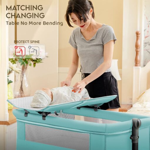 StarAndDaisy 3 in 1 Cradle for Baby with Detachable Nursing Tray & Side Bumper Protection and Mattress and Mosquito Net - Green - Image 3