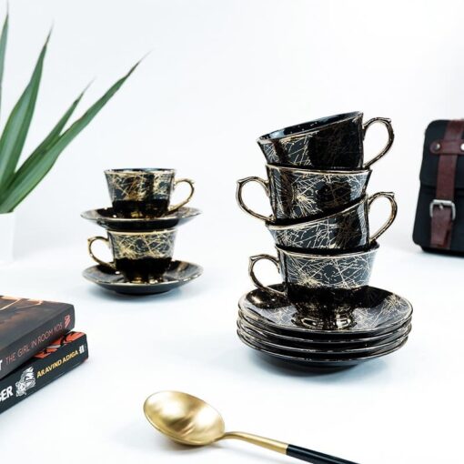 SND Homes Pack of 6 Bone China Cup & Saucer Set of 6 - Carpet Series  (Black)