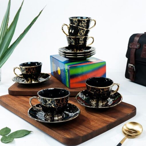 SND Homes Pack of 6 Bone China Cup & Saucer Set of 6 - Carpet Series  (Black) - Image 2