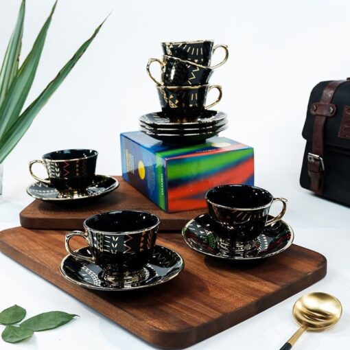 SND Homes Pack of 6 Bone China Cup & Saucer Set of 6 - Carpet Series  (Black) - Image 2