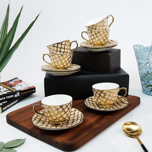 SND Homes Pack of 6 Bone China Cup & Saucer Set of 6 - Carpet Series  (Golden) - Image 2