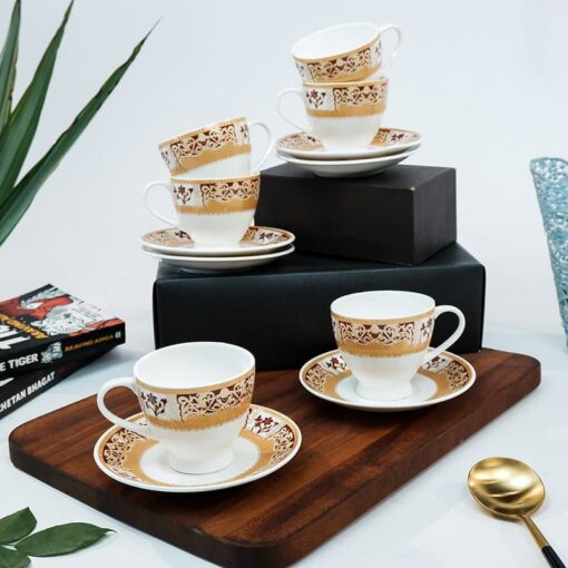 SND Homes Pack of 6 Bone China Cup & Saucer Set of 6 - Carpet Series (White) - Image 2