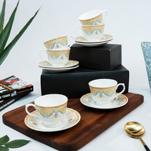SND Homes Pack of 6 Bone China Cup & Saucer Set of 6 - Carpet Series (White) - Image 2