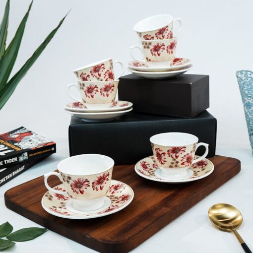 SND Homes Pack of 6 Bone China Cup & Saucer Set of 6 - Carpet Series (White) - Image 2