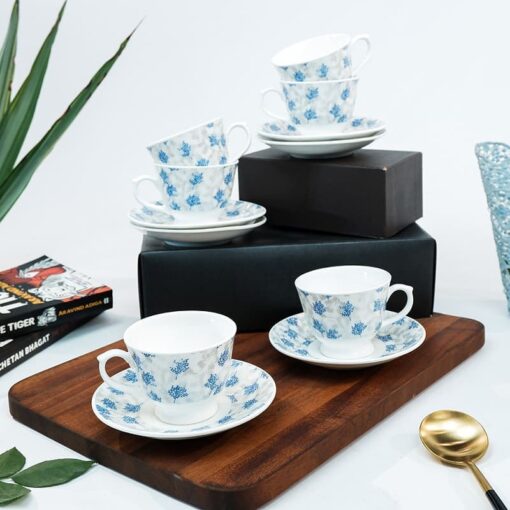 SND Homes Pack of 6 Bone China Cup & Saucer Set of 6 - Carpet Series (White) - Image 2