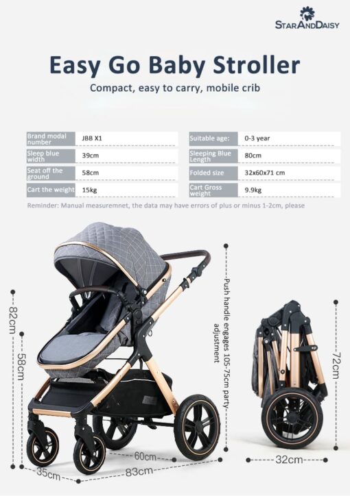 StarAndDaisy 2-in-1 EasyGo Travel Friendly Luxury Baby Stroller Pram Buggy Pushchair For Baby with Extraordinary Features, Sleeping Baby Stroller bassinet mode, Sit-stand Mode (High Landscape Seat, one-push folding, Powerful Shock Absorption Wheels, Convertible Bassinet Design (Grey with Silver Tubes | With Cushion) - Image 9