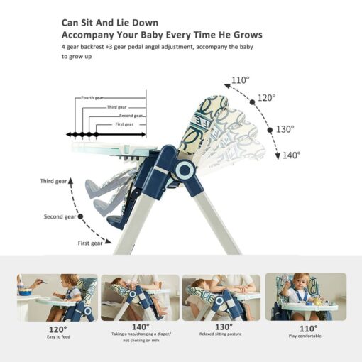StarAndDaisy High Chair for Baby, Multiple Recline Position High Chair with Height Adjustment and pedal adjustments with adjustable Back Seat Footrest, 6 Months to 5 Years dual tray. Feeding chair (Printed) - Image 4