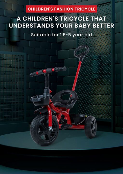 StarAndDaisy Wonder Kids Tricycle with Parental Handle & Dual Storage Basket, Cushion Seat Belt, Foldable Footrest - Red - Image 3