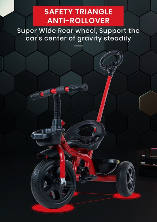 StarAndDaisy Wonder Kids Tricycle with Parental Handle & Dual Storage Basket, Cushion Seat Belt, Foldable Footrest - Red - Image 5