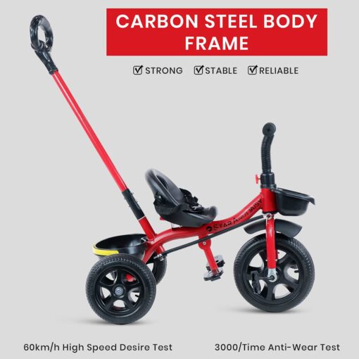 StarAndDaisy Wonder Kids Tricycle with Parental Handle & Dual Storage Basket, Cushion Seat Belt, Foldable Footrest - Red - Image 6
