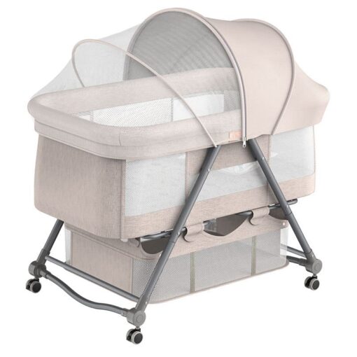 StarAndDaisy D01 Manual Baby Cot Crib Newborn Baby Bassinet with Cradle, Wheel, Mosquito net and Bedding Set (Brown)