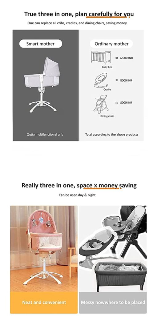 StarAndDaisy 3-in-1 Baby Cradle, Baby Swing, Baby Crib, Baby High Chair with Bedding Set and Mosquito Net , Newborn to 18 Months (Qatta - Pink) - Image 3