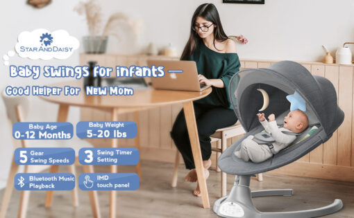 [Refurbished] StarAndDaisy 2-in-1 Premium Modern Automatic Electric Baby Swing Rocker Cradle with Detachable Dining Tray & Mosquito Net, Baby Rocker with Smart Touch Panel & Bluetooth Enabled Music and Remote Control & Urine Mat (New Cuddle Grey) - Image 3