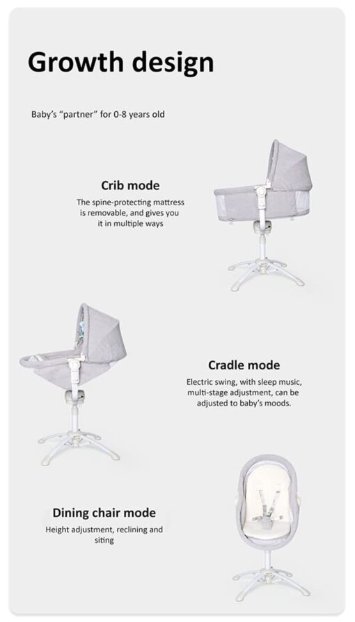 StarAndDaisy 3-in-1 Baby Cradle, Baby Swing, Baby Crib, Baby High Chair with Bedding Set and Mosquito Net , Newborn to 18 Months (Qatta - Pink) - Image 2