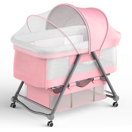 StarAndDaisy D01 Manual Baby cot Crib Newborn Baby Bassinet with Cradle, Wheel, Mosquito net (Pink)