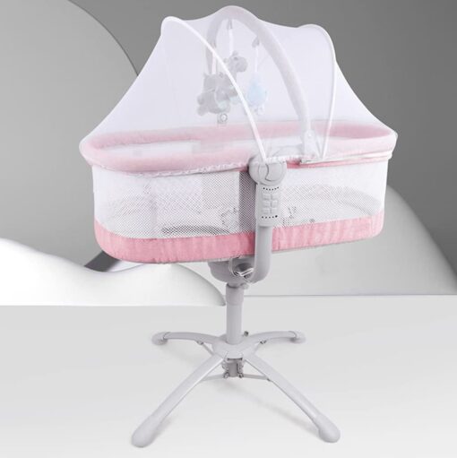 StarAndDaisy 3-in-1 Baby Cradle, Baby Swing, Baby Crib, Baby High Chair with Bedding Set and Mosquito Net , Newborn to 18 Months (Qatta - Pink)