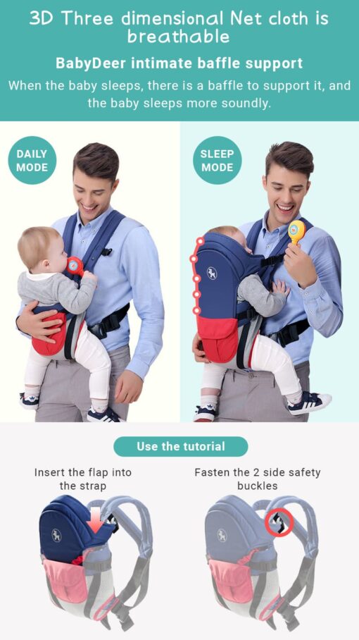 Baby Deer 4 in 1 Multipurpose Strong Baby Carrier with Coushion Padding for Baby Comfort Front Carry Facing in and Out, Back Carry, Feeding Position (Blue & Pink) - Image 11