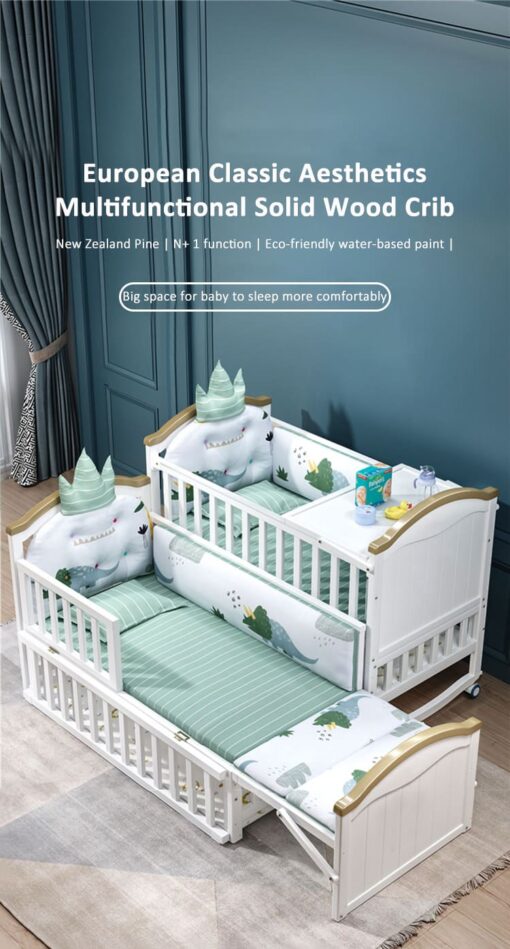 StarAndDaisy Baby Crib Cot / 12 in 1 Baby Bed Convertible Wooden Baby Cot with Mattress, Bumper Set, Mosquito Net & Adjustable Stand (Premium White | With Mattress & Bumper Set) - Image 12
