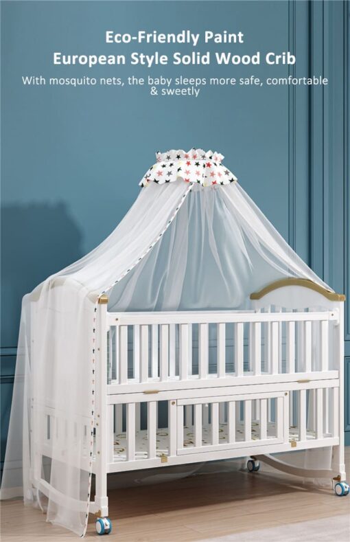 StarAndDaisy Baby Crib Cot / 12 in 1 Baby Bed Convertible Wooden Baby Cot with Mattress, Bumper Set, Mosquito Net & Adjustable Stand (Premium White | With Mattress & Bumper Set) - Image 10