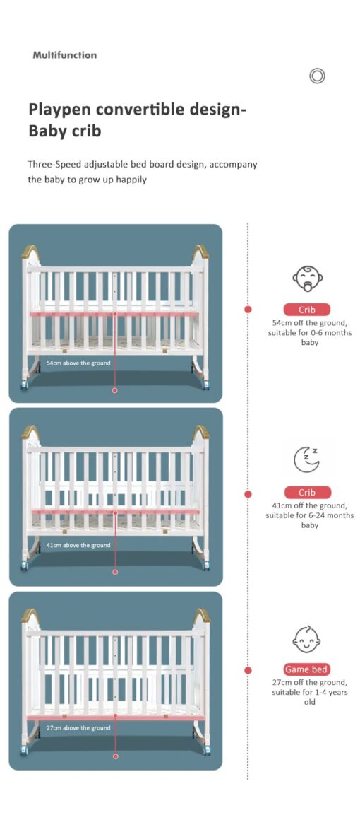 StarAndDaisy Baby Crib Cot / 12 in 1 Baby Bed Convertible Wooden Baby Cot with Mattress, Bumper Set, Mosquito Net & Adjustable Stand (Premium White | With Mattress & Bumper Set) - Image 8