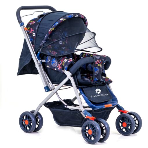 StarAndDaisy Sunrise Baby Stroller and Pram with Extended Mosquito Net and Ultra Soft Cushions & Reversible Handlebar (Blue Print - Beta)