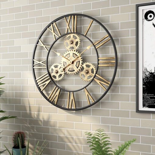 SND Home Decor Large Gear Wall Clock - Oversized 3D Steampunk Roman Numeral Wall Clock - Silent Retro Rustic Country Decorative Wall Clock for Living Room, Dining Room, Home, Farmhouse - Gold Black (40cm)