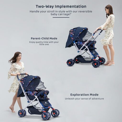 StarAndDaisy Sunrise Baby Stroller and Pram with Extended Mosquito Net and Ultra Soft Cushions & Reversible Handlebar (Blue Print - Beta) - Image 3
