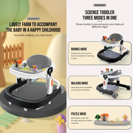 StarAndDaisy Baby's Charm 'The Elegant Walker' with Height Adjustment, Breathable Cushioned seat, Anti-O-Leg Design, Early Education Music/ Toy Tray, Foot Cushion, Foldable (Black) - Image 3