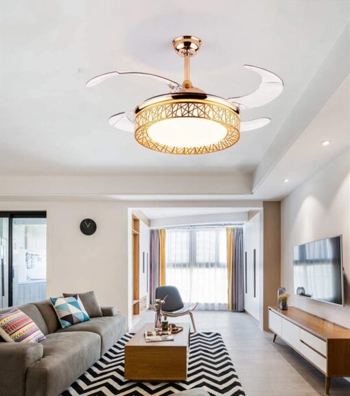 SND Home Decor Golden Angel Ceiling Fans 4 Retractable Blades LED Ceiling Fan Three Color Change Crystal Chandelier with Remote Control (Gold | Size - 36inch) - Image 5