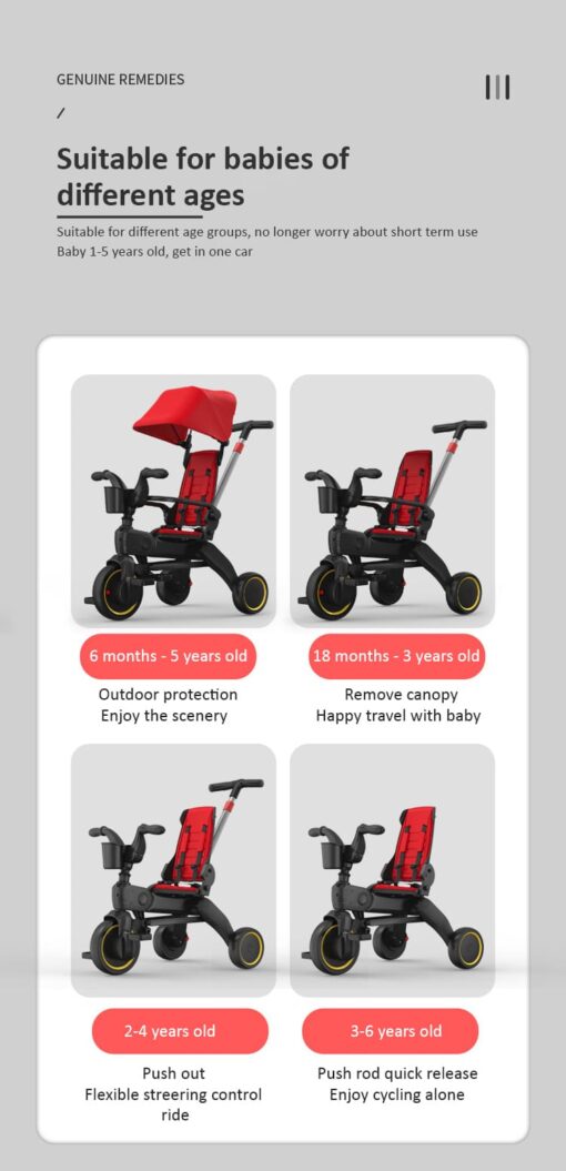StarAndDaisy 5-in-1 Compact Multifunctional Foldable Children's Tricycle/ Trikes for Kids with Canopy with Dual Storage Basket & Ultra Soft Cushion Seat with Seat Belt, Footrest, Parental Control Handle, Baby Trike for Boys Girls of 1.5 to 5 Years (Red) - Image 3