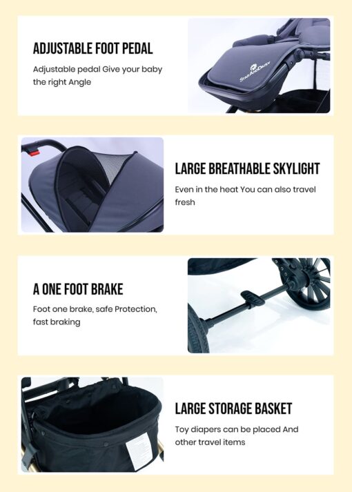 StarAndDaisy Cosmo Baby Stroller one press easy fold and large rear wheel, with Foot break, Foot Rest and basket for storage (Grey) - Image 2