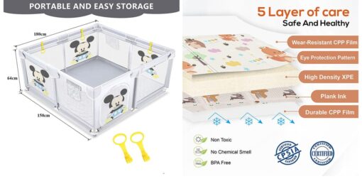 StarAndDaisy Combo Baby Playpen and Playmat , playmat with reversible design and assorted prints and Playpen for Kids with Smart Folding & Safety Lock  for Upto 4 Yr kid (  180*200 cm | 10mm ) - Image 9